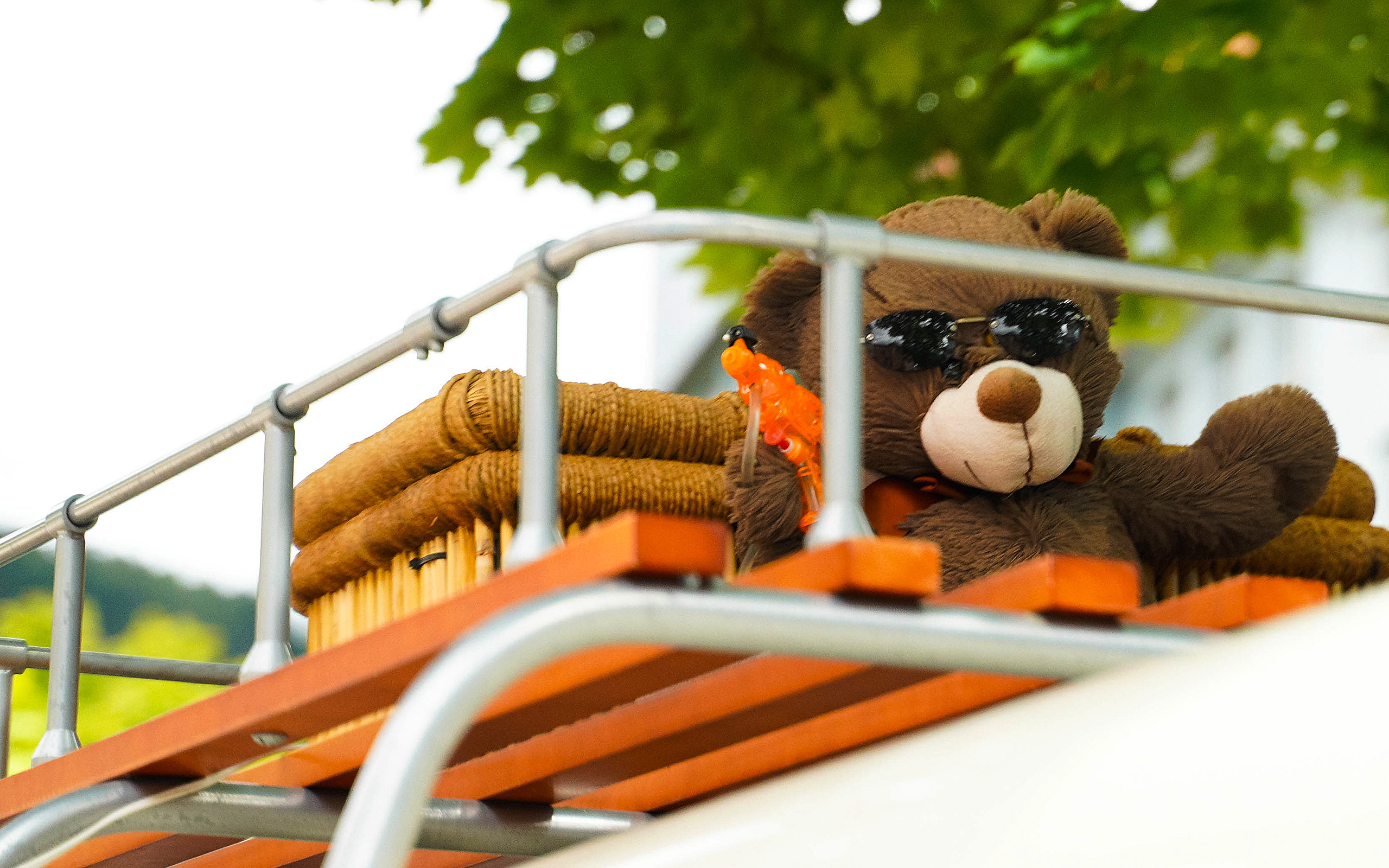 Ein brauner Teddybär mit Sonnenbrille sitzt entspannt auf einer Holzplattform. Neben ihm sind einige geflochtene Körbe. Der Hintergrund ist unscharf und zeigt etwas Grün, was auf einen sonnigen Tag hinweist.