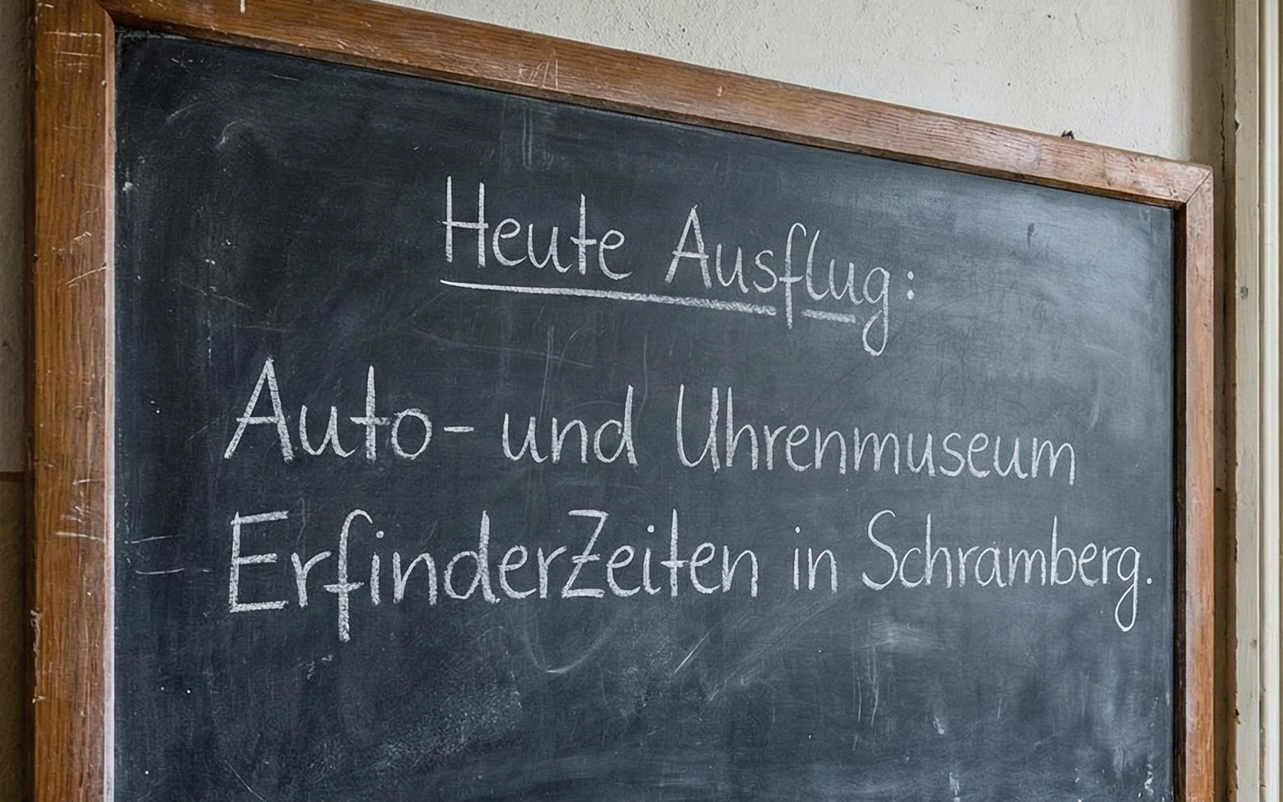 Schwarze Tafel mit der Aufschrift: "Heute Ausflug: Auto- und Uhrenmuseum ErfinderZeiten in Schramberg." Die Schrift ist in weißer Kreide und gut lesbar.