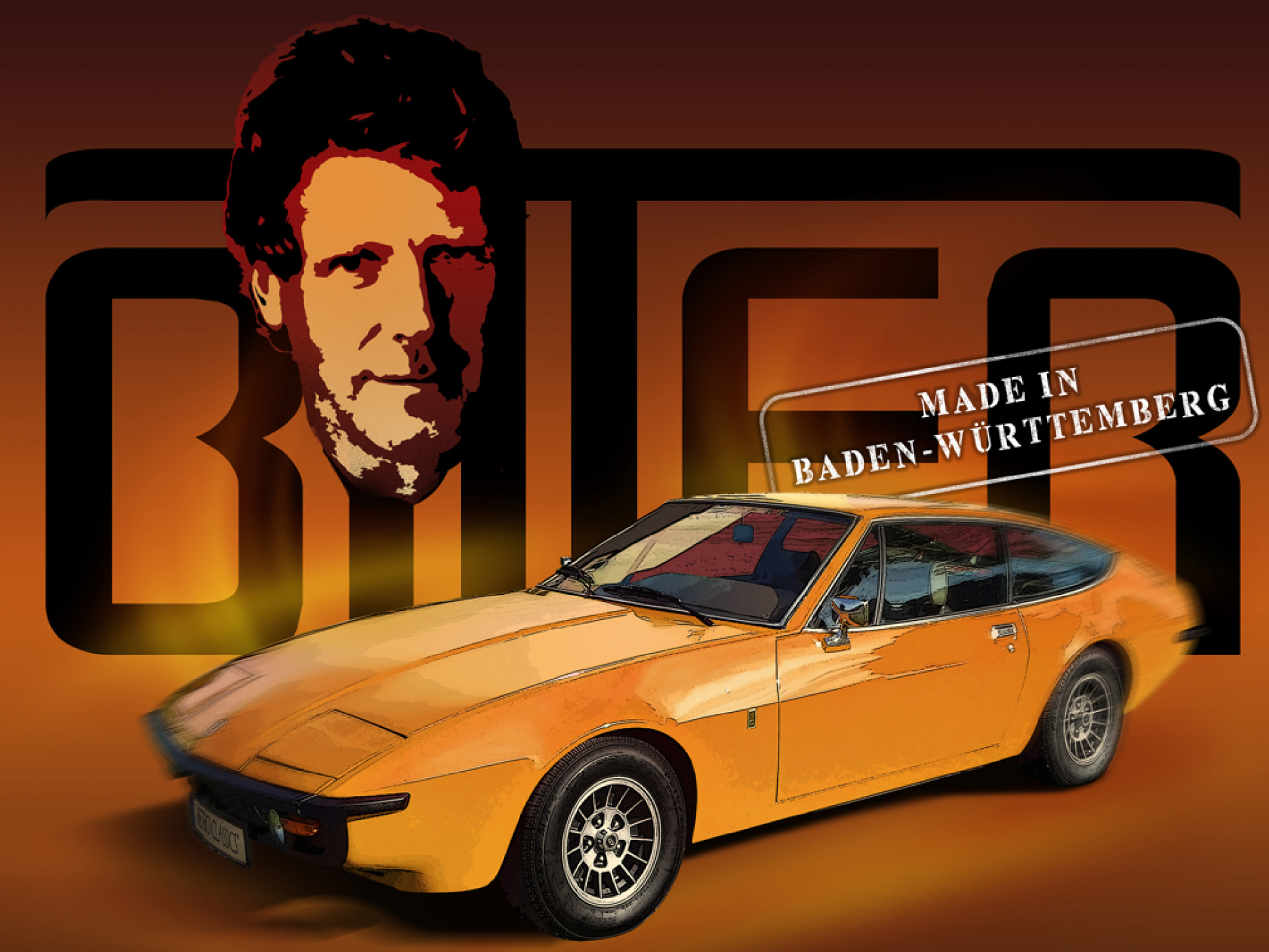 Ein orangefarbenes Sportauto steht im Vordergrund, während im Hintergrund eine stilisierte Darstellung eines Mannes zu sehen ist. Der Text "Made in Baden-Württemberg" ist sichtbar und verstärkt die regionale Verbindung des Autos.